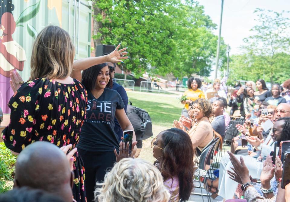 Actor Taraji P. Henson acknowledges the crowd Friday during the opening of the She Care Wellness Pods on the campus of Alabama State University in Montgomery.