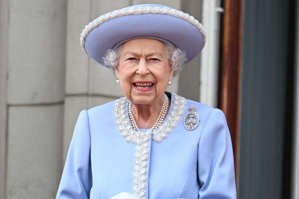 The Queen, attends celebration marking her official birthday, during which she inspects troops from the Household Division as they march in Whitehall,