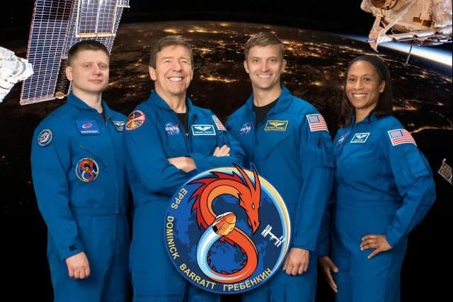 From left, Roscosmos cosmonaut and mission specialist Aleksandr Grebenkin, NASA astronaut and pilot Michael Barratt, NASA commander Matthew Dominick, and NASA mission specialist Jeanette Epps are scheduled to lift off on their Crew-8 mission Saturday night. Photo courtesy of NASA