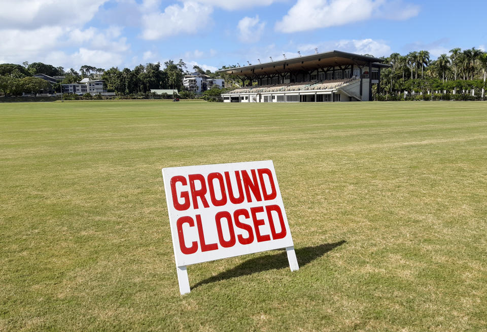 Albert Park, a popular spot for rugby, is closed during the COVID-19 pandemic in Suva, Fiji, Friday, June 25, 2021. A growing coronavirus outbreak in Fiji is stretching the health system and devastating the economy. It has even prompted the government to offer jobless people tools and cash to become farmers. (AP Photo/Aileen Torres)