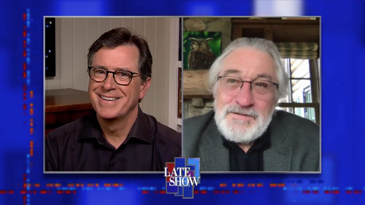 NEW YORK - MAY 6: The Late Show with Stephen Colbert and guest Robert De Niro during Wednesday\'s May 6, 2020 show. Photo is a screen grab. (Photo by CBS via Getty Images)