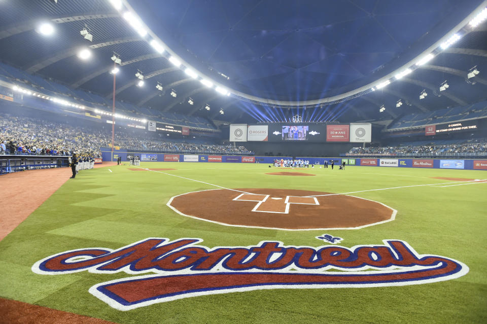 MONTREAL, QC - MARCH 25:  A view from behind home plate ahead of MLB spring training between the Toronto Blue Jays and the Milwaukee Brewers at Olympic Stadium on March 25, 2019 in Montreal, Quebec, Canada.  The Milwaukee Brewers defeated the Toronto Blue Jays 10-5.  (Photo by Minas Panagiotakis/Getty Images)