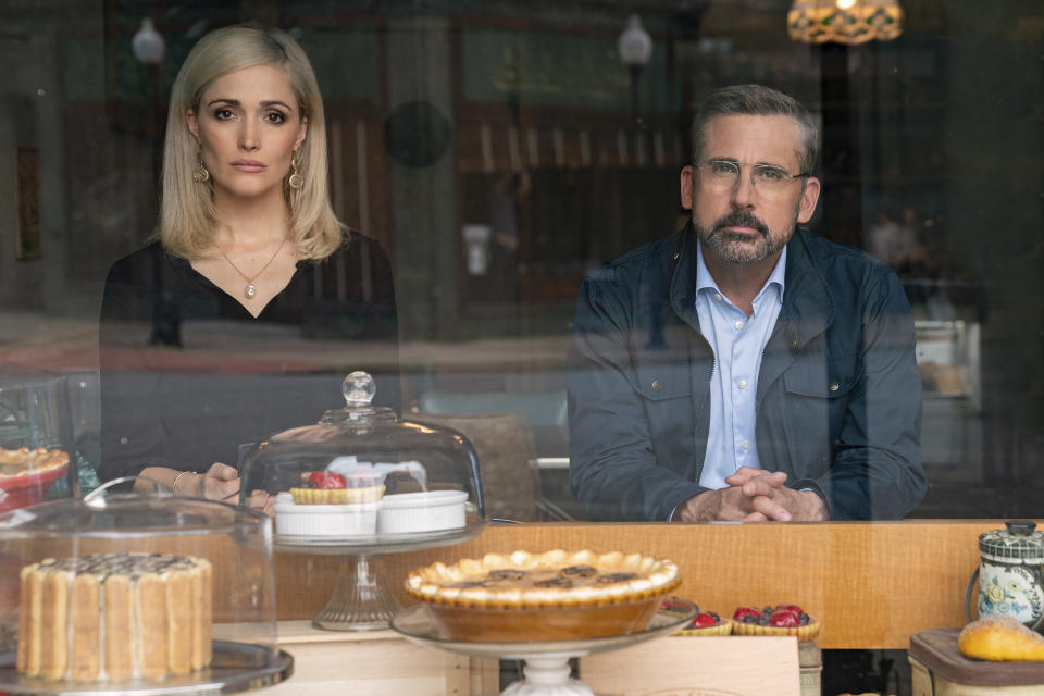 In this image released by Focus Features, Steve Carell, right, and Rose Byrne appear in a scene from "Irresistible." (Daniel McFadden/Focus Features via AP)