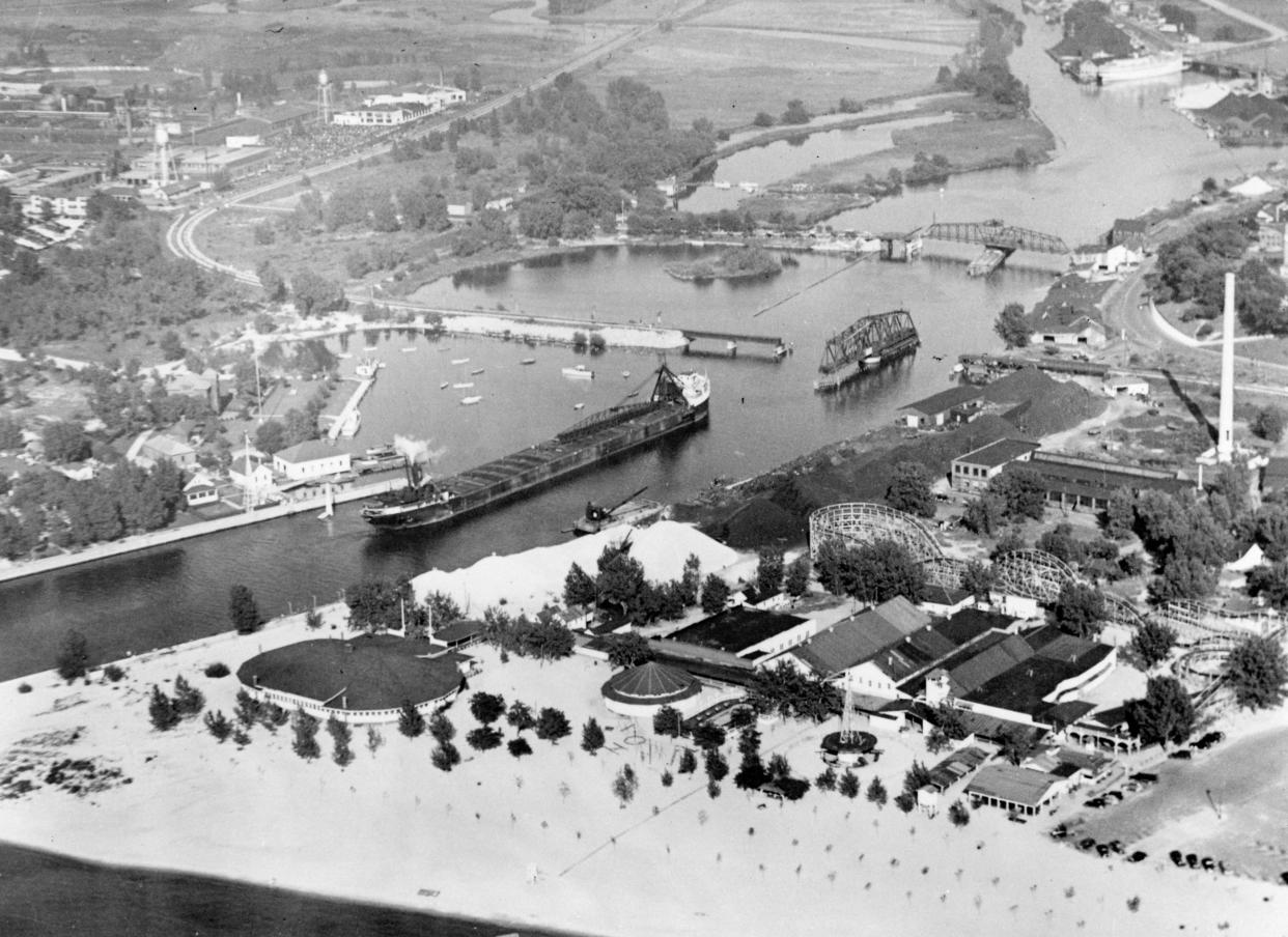 An aerial view of Silver Beach Amusement Park. From the sky, the park's rollercoaster, dance hall and buildings are easily visible.