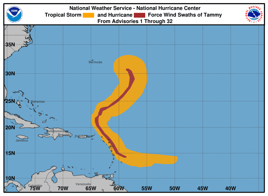 History of Post-Tropical Cyclone Tammy winds. It remained a hurricane for five days, the longest sustained hurricane this late in the Atlantic season since Hurricane Sandy in 2012.