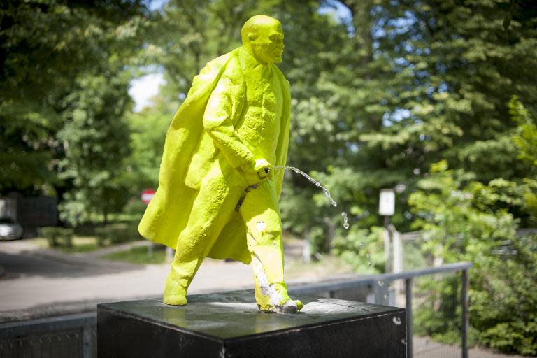 Fountain of "Pissing Lenin" created by a pair of Polish artists Malgorzata Szydlowska and Bartosz Szydlowski is seen on June 24, 2014 in Nowa Huta