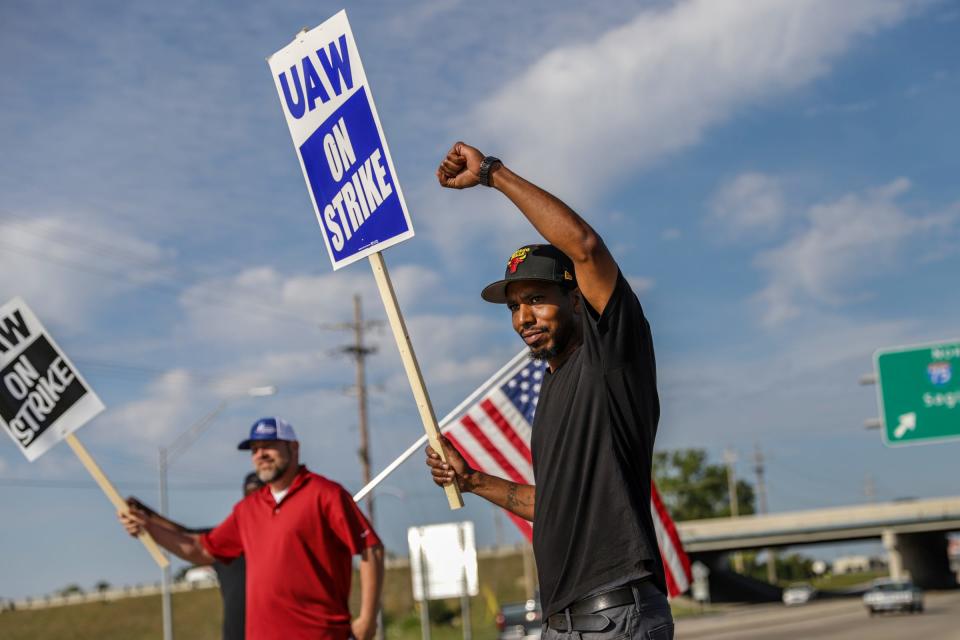 Keondris Howell, 40, of Flint is a temporary worker striking outside of the General Motors Flint Assembly Plant on the fourth day of the UAW nationwide strike.