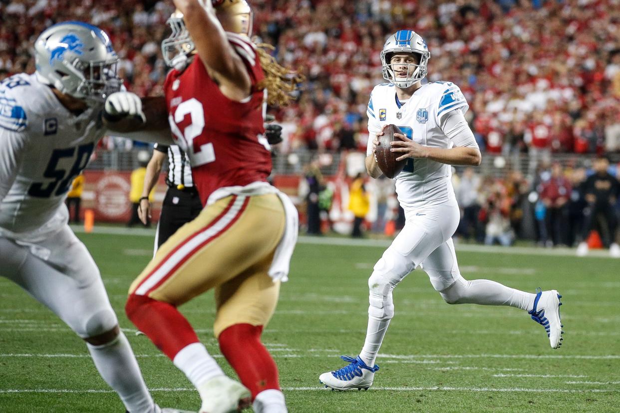Lions quarterback Jared Goff looks to pass against the 49ers during the second half of the Lions' 34-31 loss in the NFC championship game in Santa Clara, California, on Sunday, Jan. 28, 2024.