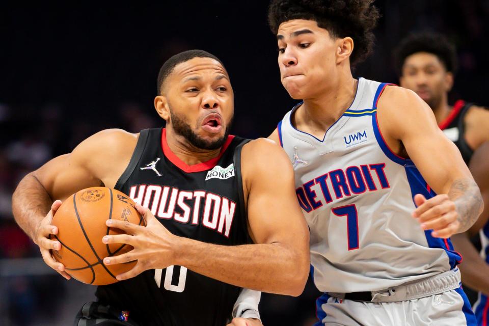 Houston Rockets guard Eric Gordon (10) drives to the basket against Detroit Pistons guard Killian Hayes (7) during the first quarter at Little Caesars Arena in Detroit on Saturday, Dec. 18, 2021.