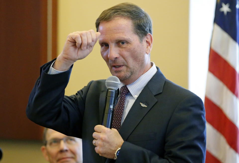 FILE - Utah Republican Rep. Chris Stewart speaks before the House Republican Caucus at the Utah State Capitol on Jan. 23, 2018, in Salt Lake City. Stewart will officially announce tomorrow that he's leaving Congress due to his wife's illness, a person familiar with the matter told The Associated Press on Tuesday, May 30, 2023.. (AP Photo/Rick Bowmer, File)