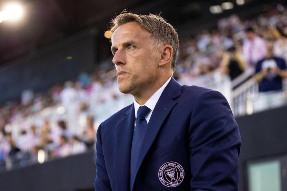 Inter Miami CF Head Coach Phil Neville reacts before the first half of an MLS soccer game at DRV PNK Stadium in Fort Lauderdale, Florida, on Saturday, April 8, 2023.