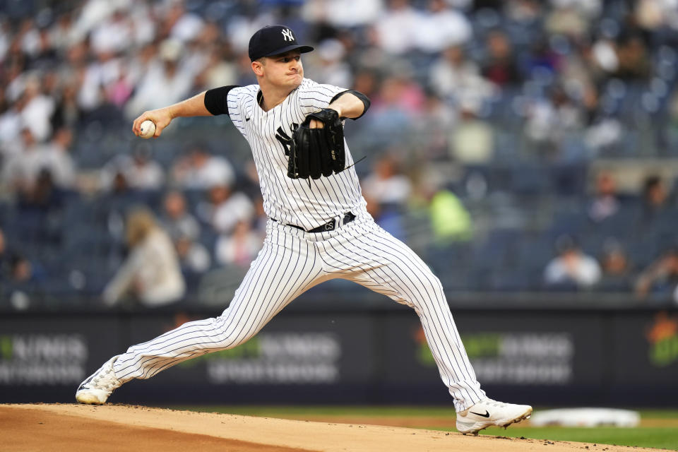 New York Yankees' Clarke Schmidt pitches during the first inning of the team's baseball game against the Oakland Athletics on Tuesday, May 9, 2023, in New York. (AP Photo/Frank Franklin II)