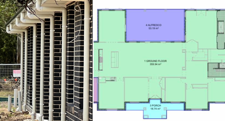 Left image of house lined with downpipes. Right image of the floor plan for the home.