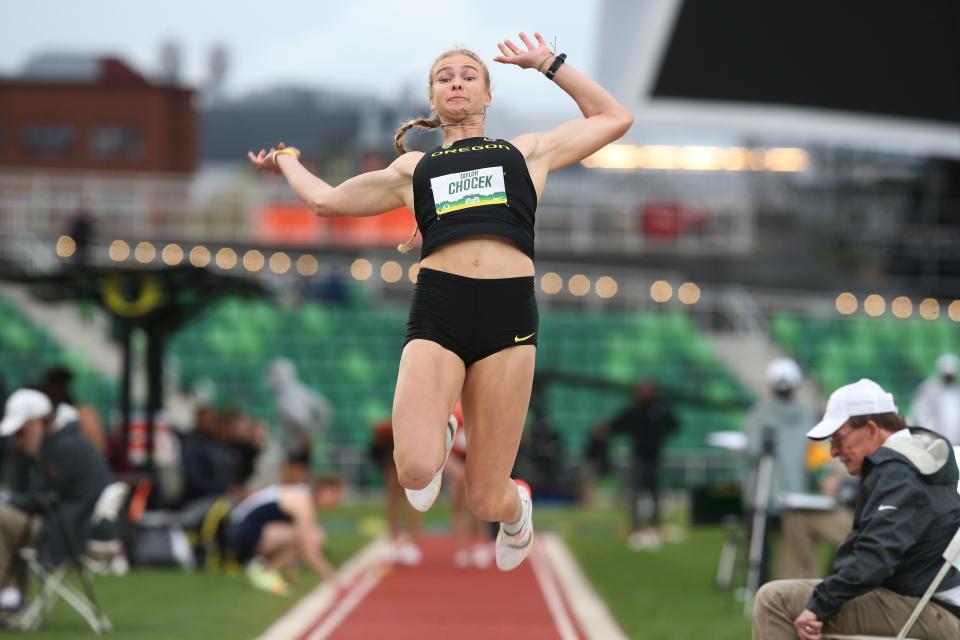 Taylor Chocek, shown here competing at the Hayward Premiere on April 1, turned in a dominating heptathlon performance during the Bryan Clay Invitational on Thursday.