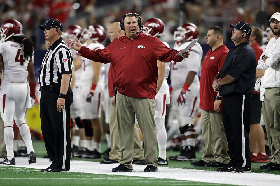 Bret Bielema has a 25-25 record at Arkansas. (Photo by Ronald Martinez/Getty Images)