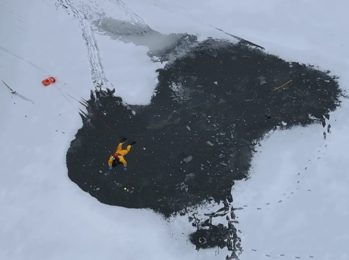 Ranger Nate Laymon during an ice rescue on Jan. 6, 2024 in Basswood Pond in New York.