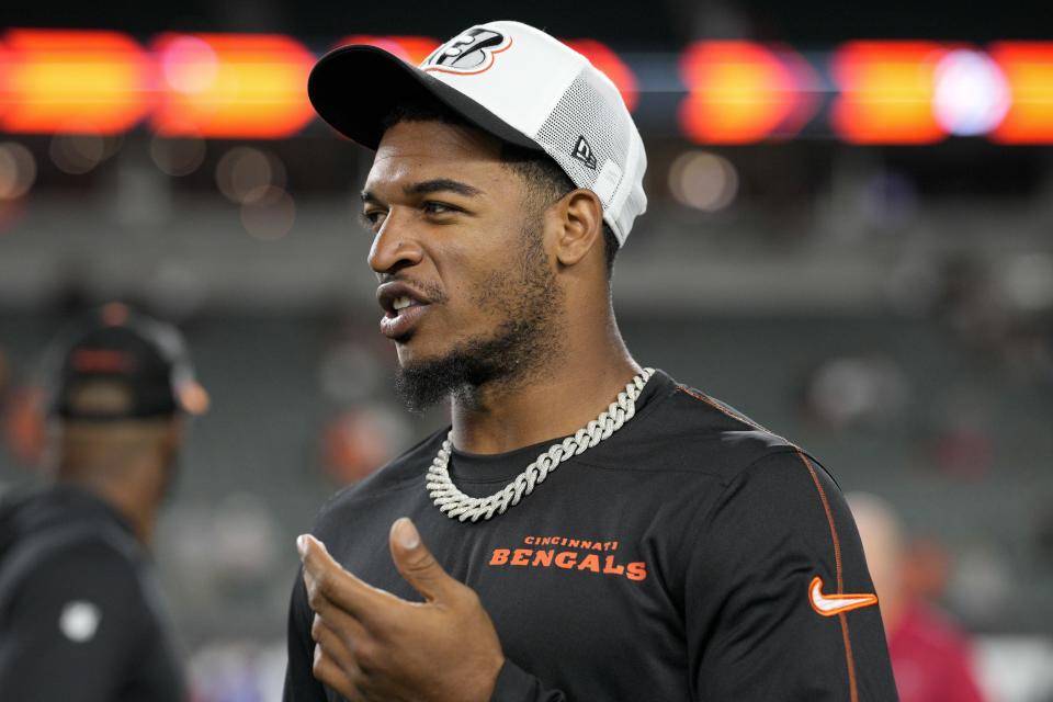 Cincinnati Bengals wide receiver Ja'Marr Chase walks to the tunnel after an NFL preseason football game against the Tampa Bay Buccaneers Saturday, Aug. 10, 2024, in Cincinnati. (AP Photo/Jeff Dean)