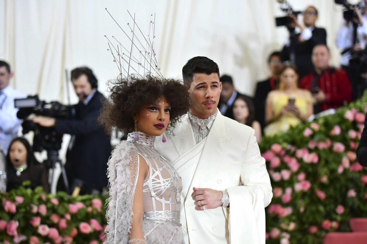 Priyanka Chopra, left, and Nick Jonas attend The Metropolitan Museum of Art's Costume Institute benefit gala celebrating the opening of the "Camp: Notes on Fashion" exhibition on Monday, May 6, 2019, in New York.