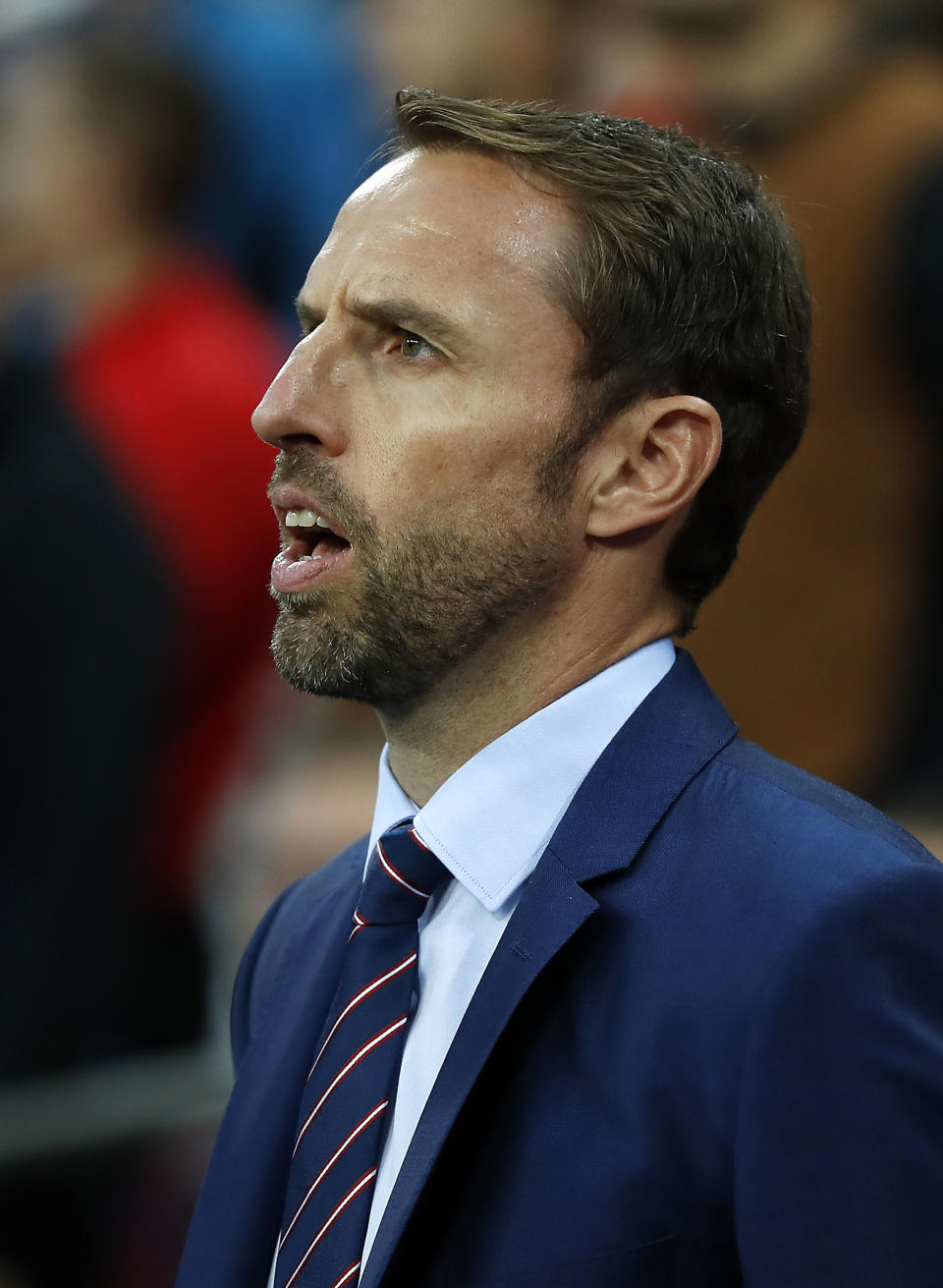<p>England’s manager Gareth Southgate sings the anthem prior the World Cup Group F qualifying soccer match between England and Slovakia at Wembley Stadium in London, England, Monday, Sept. 4, 2017. (AP Photo/Kirsty Wigglesworth) </p>