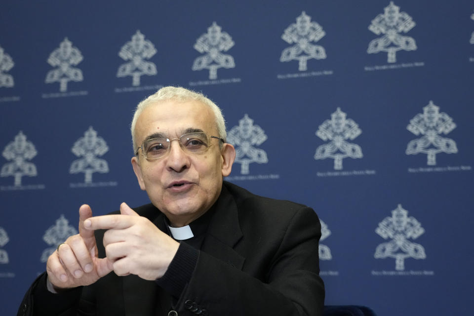 Archbishop Filippo Iannone, Prefect of the Dicastery for Legislative Texts, attends an interview with the Associated Press at the Vatican press room, Saturday, March 25, 2023. Pope Francis on Saturday updated a 2019 church law aimed at holding Catholic hierarchs accountable for covering up cases of sex abuse, expanding the norms to cover lay Catholic leaders and reaffirming that vulnerable adults can also be victims of abuse when they are unable to consent. (AP Photo/Alessandra Tarantino)