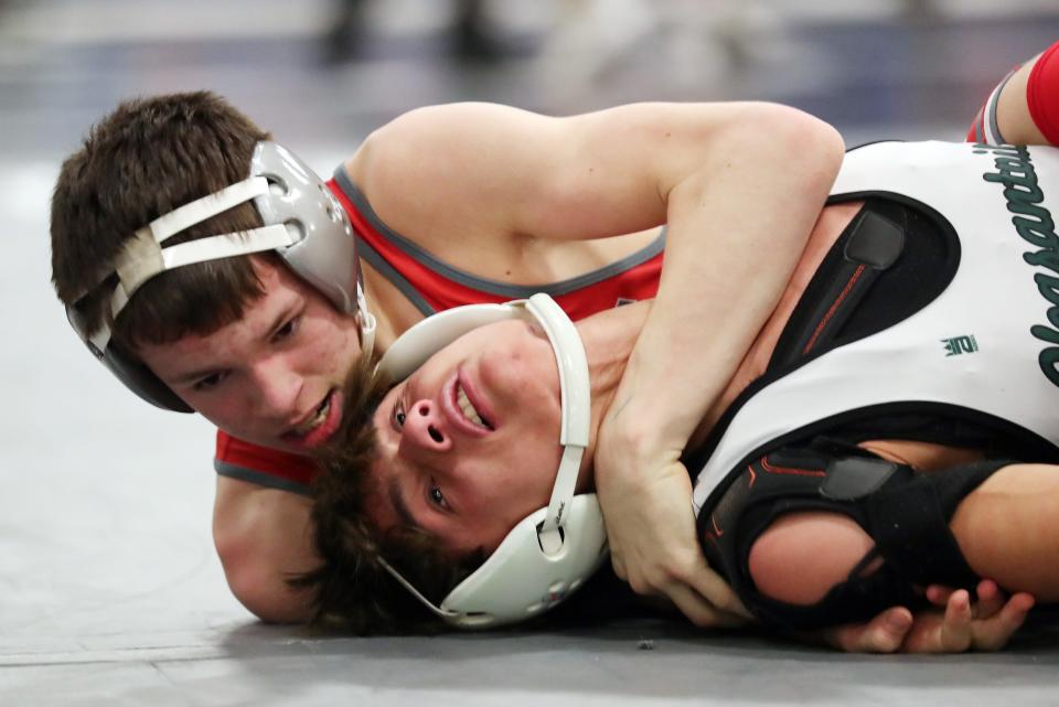 Somers Ryan Ball and Pleasantville's Jesse Straus wrestle in the 116-pound weight class during the Westchester County wrestling championship at Yonkers High School Jan. 20, 2024. Ball won the match.