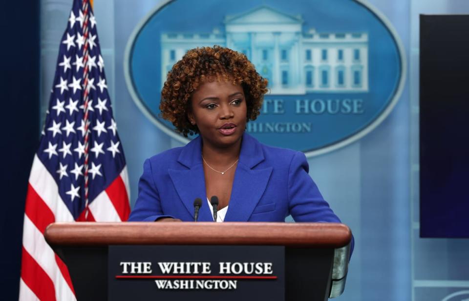White House Press Secretary Karine Jean-Pierre speaks at a press briefing at the White House on November 28, 2022 in Washington, DC. The briefing was held to preview French President Emmanuel Macron’s state visit later this week. (Photo by Kevin Dietsch/Getty Images)