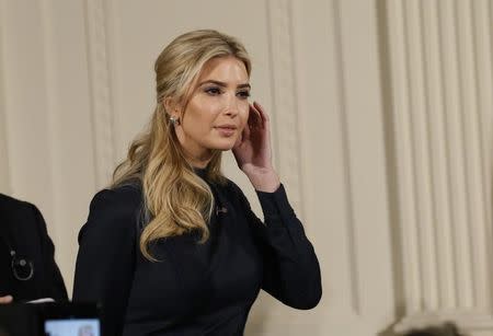 FILE PHOTO: Ivanka Trump watches as German Chancellor Angela Merkel and U.S. President Donald Trump hold a joint news conference in the East Room of the White House in Washington, U.S., March 17, 2017. REUTERS/Jim Bourg