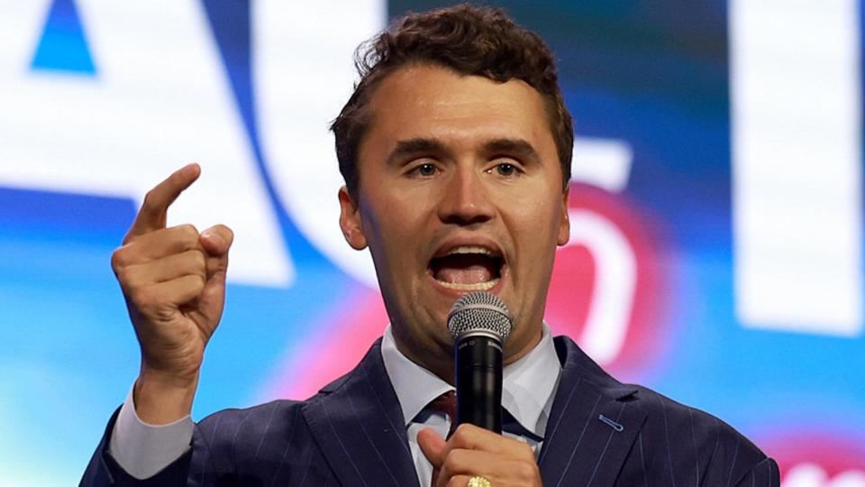 PHOTO: Charlie Kirk speaks at the opening of the Turning Point Action conference, July 15, 2023, in West Palm Beach, Fla. (Joe Raedle/Getty Images)