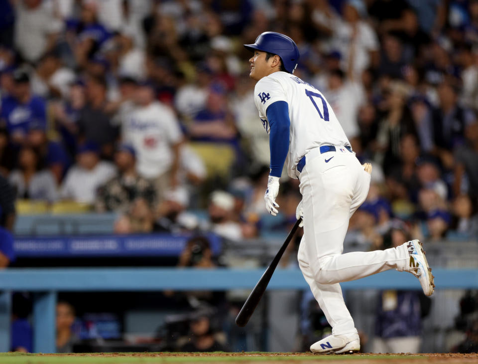 LOS ANGELES, CALIFORNIA - SEPTEMBER 10: Shohei Ohtani #17 of the Los Angeles Dodgers reacts to his fly out during the eighth inning against the Chicago Cubs at Dodger Stadium on September 10, 2024 in Los Angeles, California. (Photo by Harry How/Getty Images)