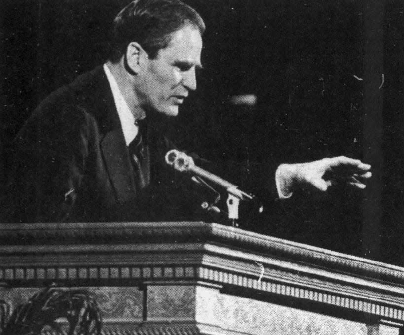 Gov. Brendan T. Byrne delivering his inaugural address on Tuesday, Jan. 15, 1974, in Trenton.