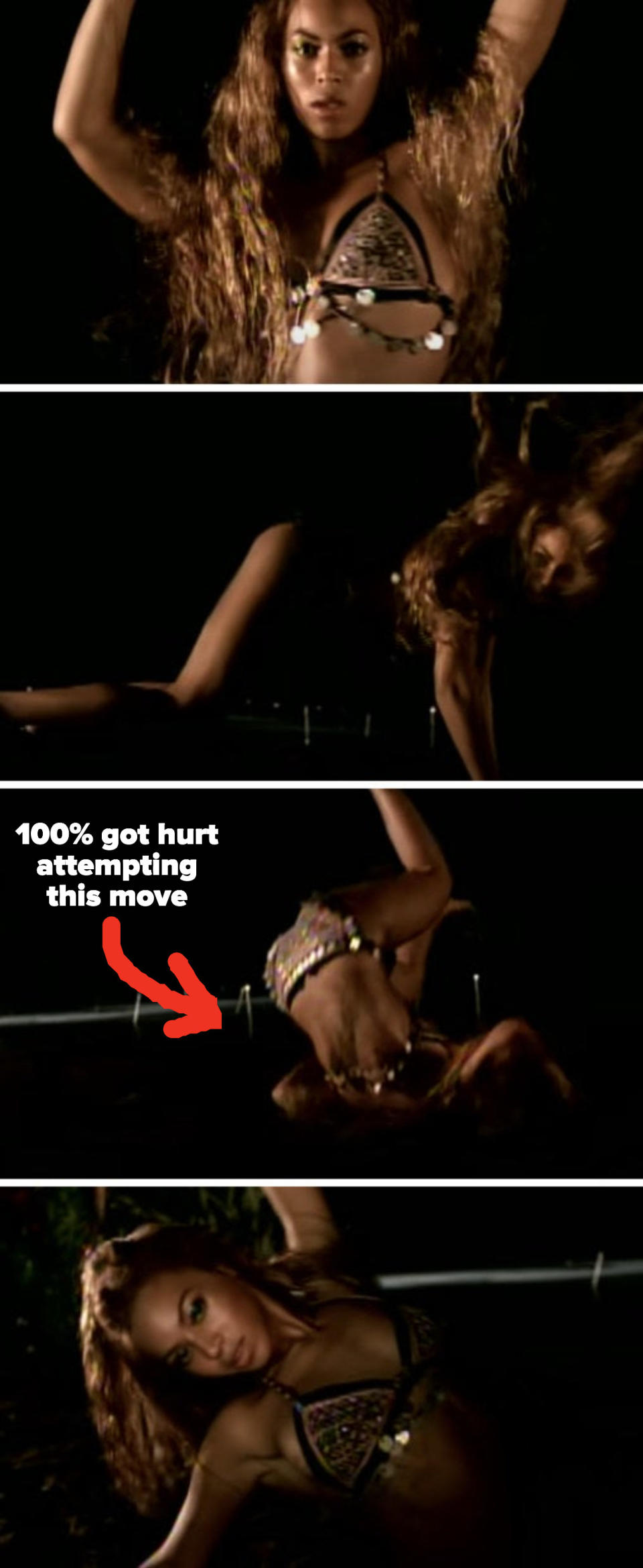 Beyoncé dancing in the sand in a bikini in her "Baby Boy" music video