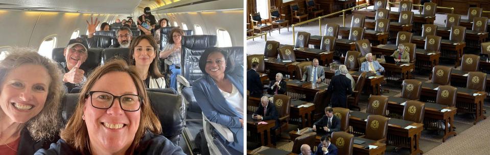 LEFT: State Rep. Julie Johnson of Farmers Branch took selfies with her Democratic colleagues on a coach bus bound for the Austin airport. Republicans used one of the photos, which included a case of Miller Lite, as fuel for criticism of the trip. RIGHT: Empty seats in the House chamber July 13 because of Democrats' departure meant there was not a quorum to pass GOP voting legislation.