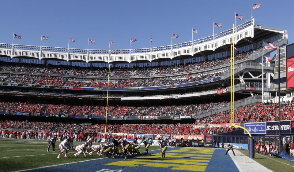 Rutgers played Notre Dame in the Pinstripe Bowl at Yankee Stadium in 2013. (AP Photo/Frank Franklin II)