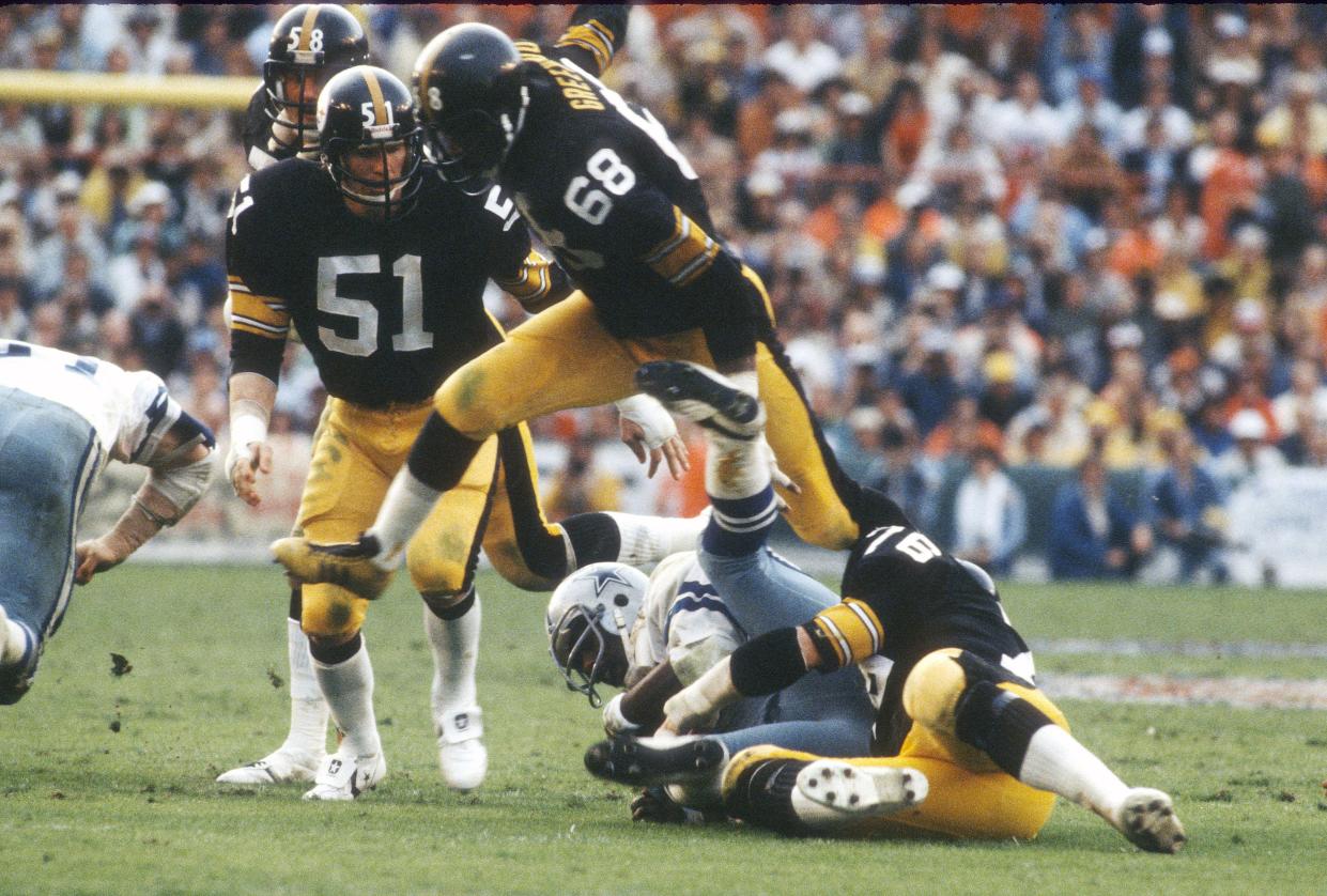 L.C. Greenwood #68 and John Banaszak #76 of the Pittsburgh Steelers in action against the Dallas Cowboys during Super Bowl XIII on January 21, 1979