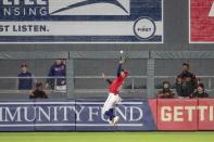 Apr 26, 2019; Minneapolis, MN, USA; Minnesota Twins center fielder Byron Buxton (25) jumps up and catches a fly ball in the fifth inning against the Baltimore Orioles at Target Field. Mandatory Credit: Jesse Johnson-USA TODAY Sports