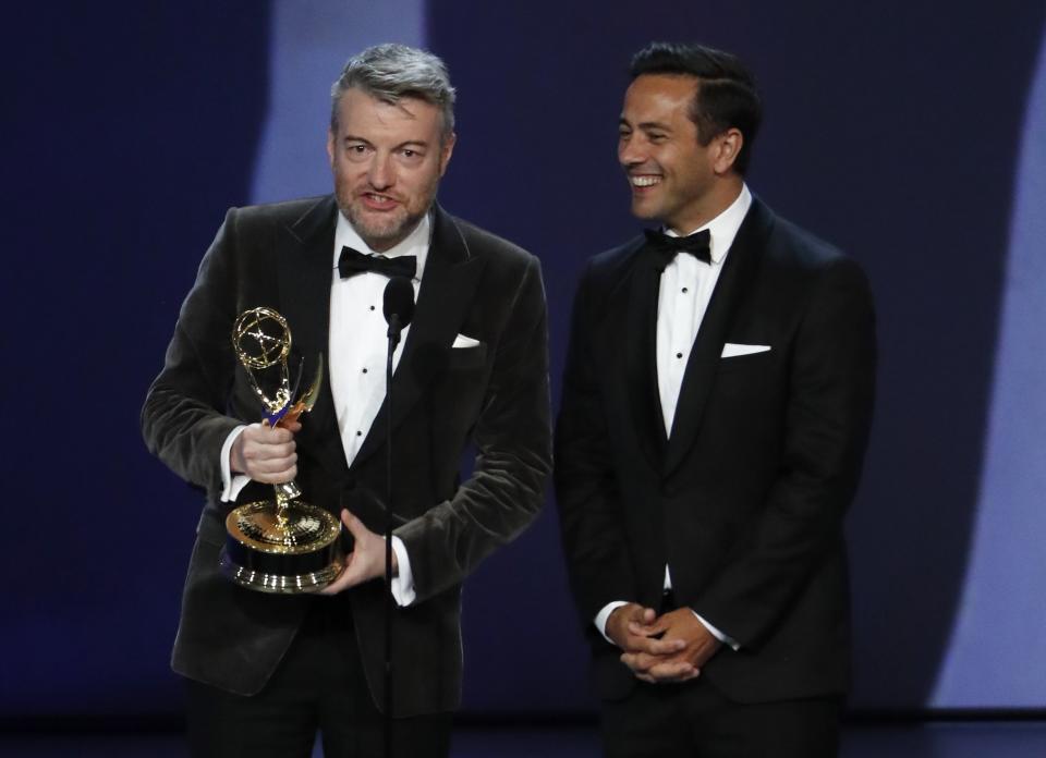 William Bridges and Charlie Brooker for 'USS Callister (<i>Black Mirror</i>) win the Emmy for Outstanding Writing for a Limited series, Movie or Dramatic special. REUTERS/Mario Anzuoni