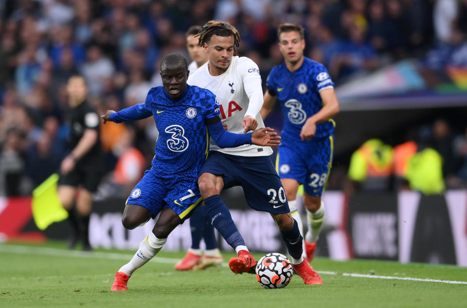 N'Golo Kante of Chelsea (left) and Dele Alli of Tottenham Hotspur battle for possession during their Premier League match.