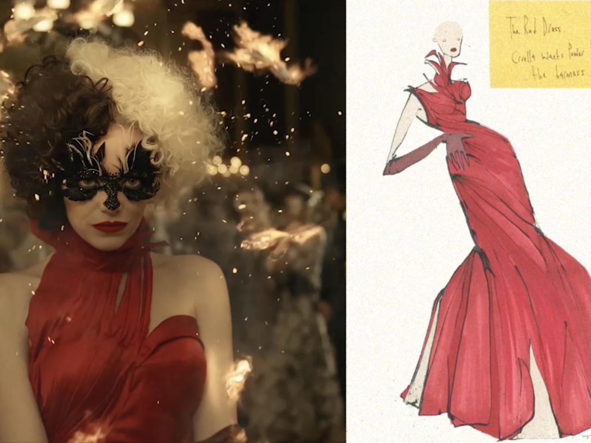 Cruella, New Movie Costume: Emma Stone, Red Dress, Parade Costume