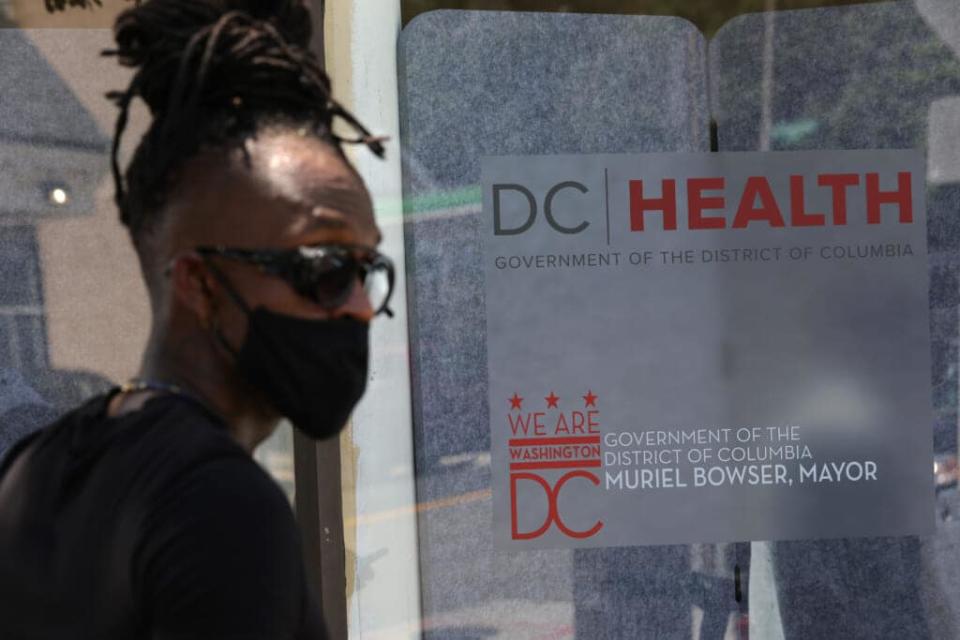 DC Health signage is seen at a monkeypox vaccination site on August 5, 2022 in Washington, DC. (Photo by Alex Wong/Getty Images)