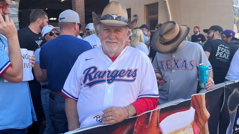 Darryl Cremer before Game 4 of the World Series between the Arizona Diamondbacks and Texas Rangers on Oct. 31, 2023. Cremer came to Phoenix from out of town to support Texas.