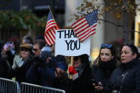 <p>A spectator holds up a sign saying “Thank You” during the Veterans Day parade on Fifth Avenue in New York on Nov. 11, 2017. (Photo: Gordon Donovan/Yahoo News) </p>