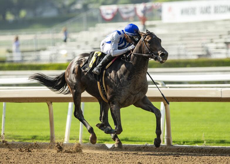 In this image provided by Benoit Photo, Pin Oak Stud's Geaux Rocket Ride, ridden by Ramon Vazquez, cruises to victory in the $100,000 Affirmed Stakes horse race, Sunday, June 4, 2023 at Santa Anita Park, Arcadia, Calif. Breeders' Cup Classic contender Geaux Rocket Ride was injured during a workout Saturday, Oct. 28, 2023, at Santa Anita. The 3-year-old colt appeared to stumble in mid-stretch and was pulled up by Mike Smith, the Hall of Fame jockey. He jumped off and held Geaux Rocket Ride's right front leg until help arrived. (Benoit Photo via AP)