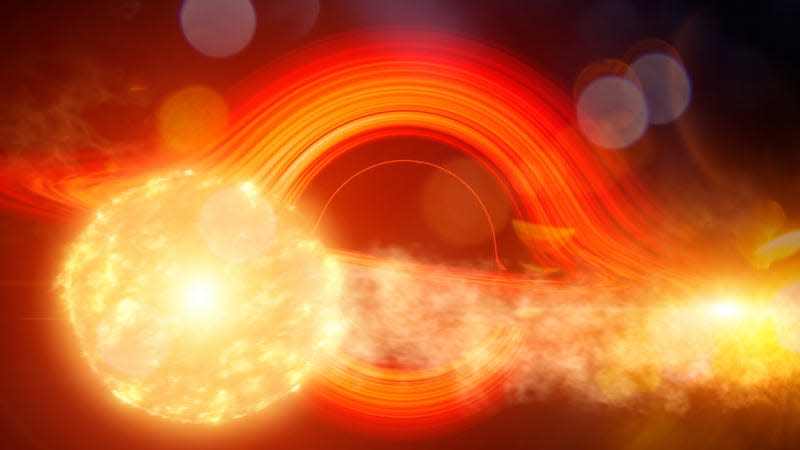 An illustration of a tidal disruption event of a supermassive black hole. - Illustration: <a class="link " href="https://svs.gsfc.nasa.gov/13798/" rel="nofollow noopener" target="_blank" data-ylk="slk:NASA’s Goddard Space Flight Center/Chris Smith (USRA/GESTAR);elm:context_link;itc:0;sec:content-canvas">NASA’s Goddard Space Flight Center/Chris Smith (USRA/GESTAR)</a>