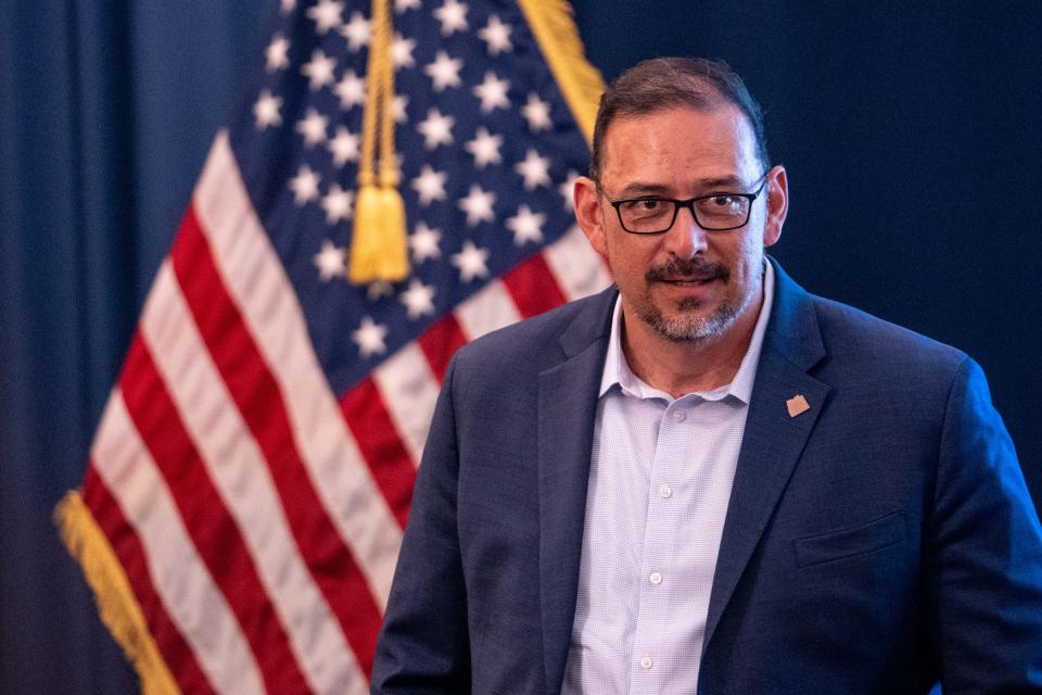 Arizona Secretary of State Adrian Fontes attends a Bipartisan Elections Task Force meeting in Phoenix on October 24, 2023.