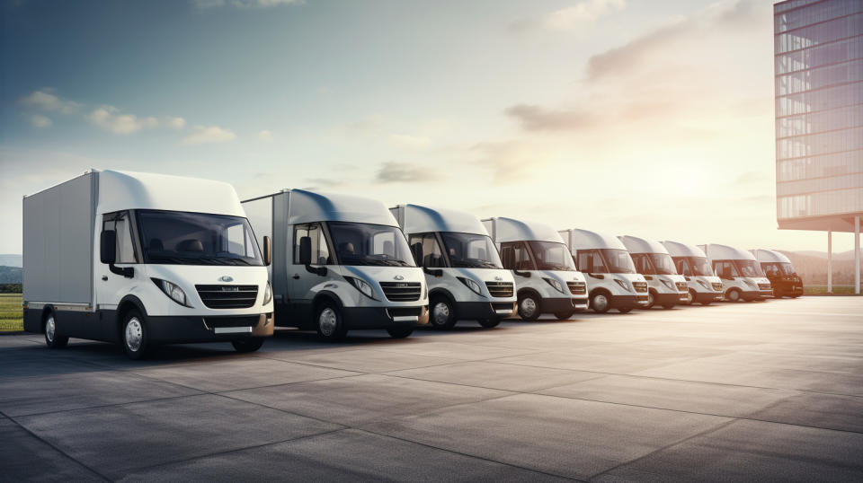 A fleet of battery-electric commercial vehicles lined up against a sleek charging infrastructure.