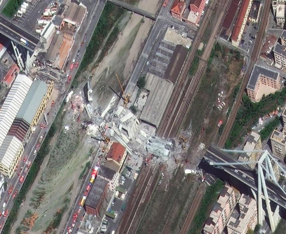 Satellite image of the collapsed section of the Morandi Bridge in Genoa (European Space Imaging/EPA)