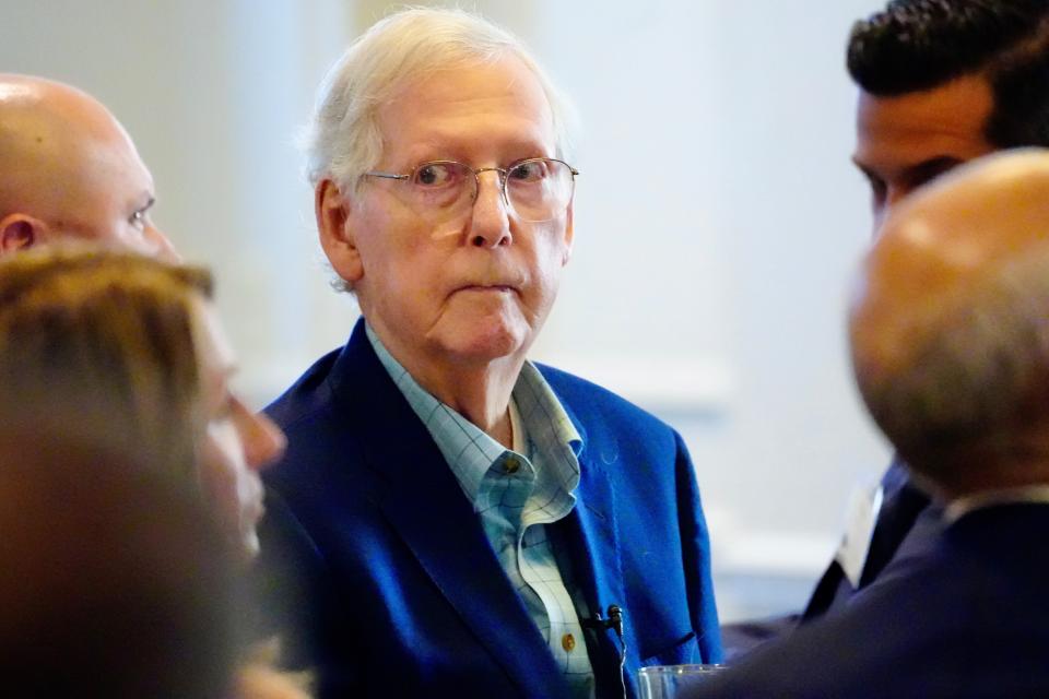 Senate Minority Leader Mitch McConnell appeared to freeze up during a press conference in Northern Kentucky on Aug. 30, 2023.
