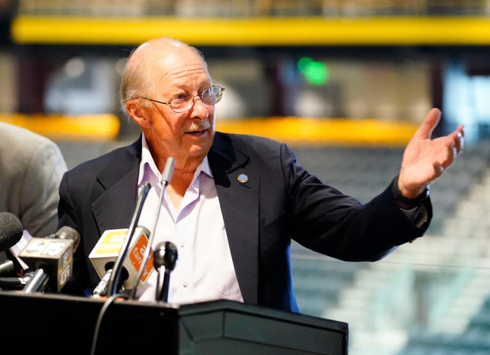 Aug 23, 2022; Tempe, Arizona, USA; Donald "Donze" Mullett addresses the crowd as the new Multi-Purpose Arena is being named Mullett Arena, in recognition of Donald "Donze" and Barbara Mullett during a press conference at ASU. Mandatory Credit: Rob Schumacher-Arizona Republic