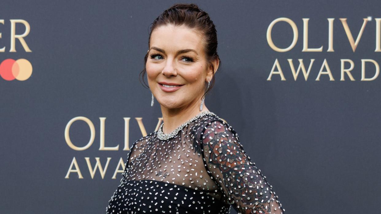 Sheridan Smith poses on the green carpet for the Olivier Awards 2024 at the Royal Albert Hall in London, Britain, 14 April 2024