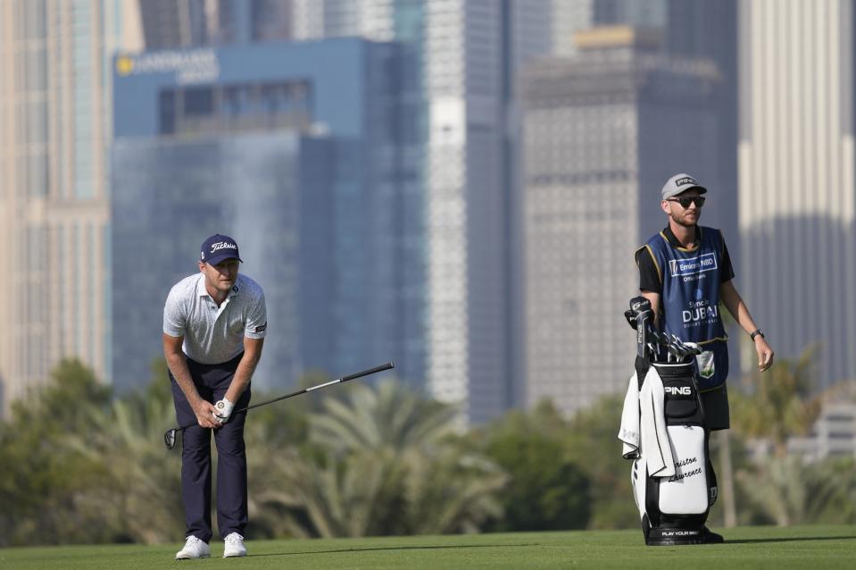 Justin Harding of South Africa reacts on the 13th hole during the second round of the Dubai Desert Classic golf tournament in Dubai, United Arab Emirates, Friday, Jan. 28, 2022. (AP Photo/Kamran Jebreili)